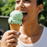 A happy person enjoying a cone of homemade, healthy Mint Chocolate Chip Ice Cream on a sunny day.