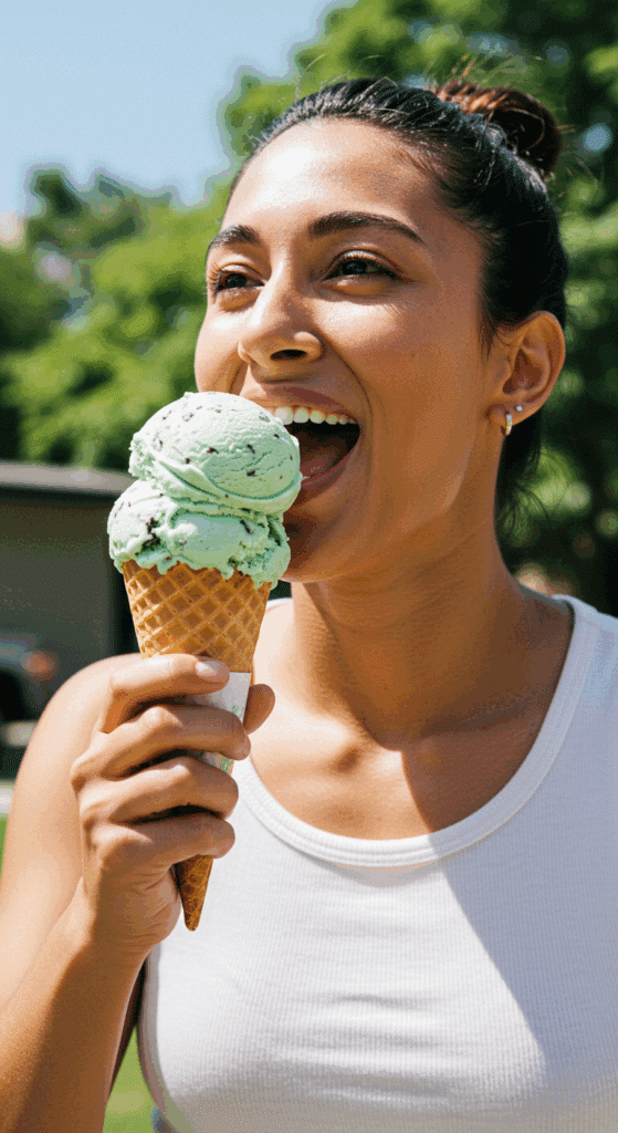 A happy person enjoying a cone of homemade, healthy Mint Chocolate Chip Ice Cream on a sunny day.