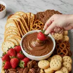 A beautiful bowl of homemade Spiced Chocolate Whipped Cream being served as a dessert dip with fresh strawberries.