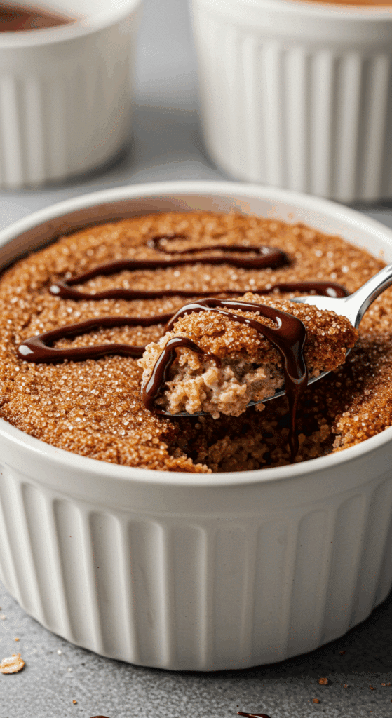 A beautiful ramekin of Churro Cheesecake Baked Oats with a crispy, crackly cinnamon-sugar top.