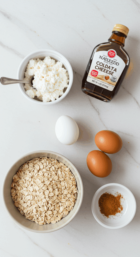 The healthy, simple ingredients for the Churro Cheesecake Baked Oats recipe.