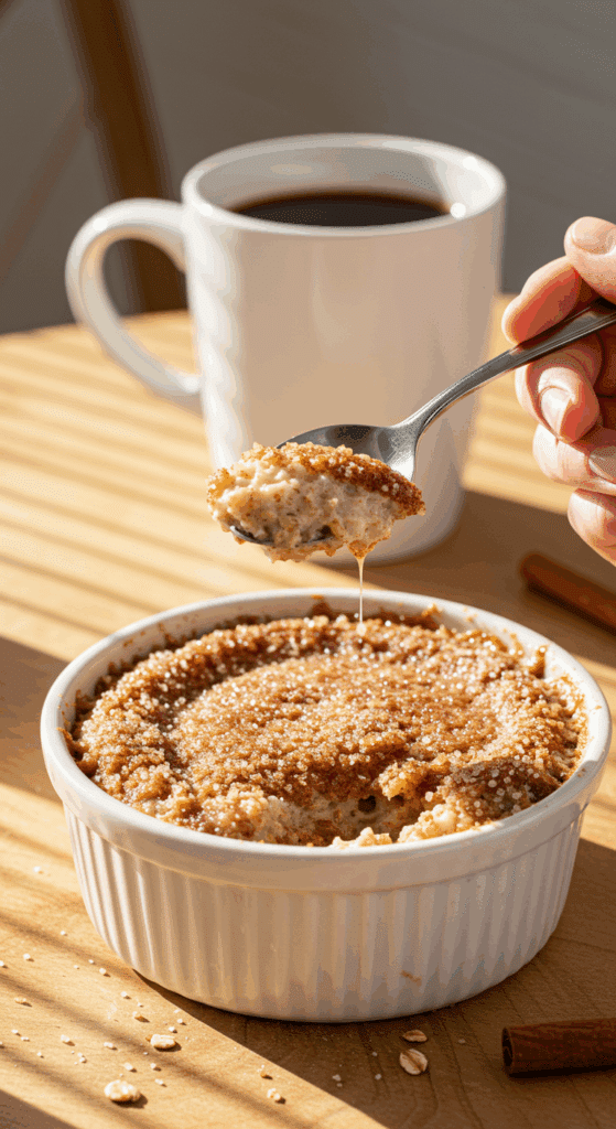 A spoon cracking the crispy churro topping of a warm bowl of baked oats.