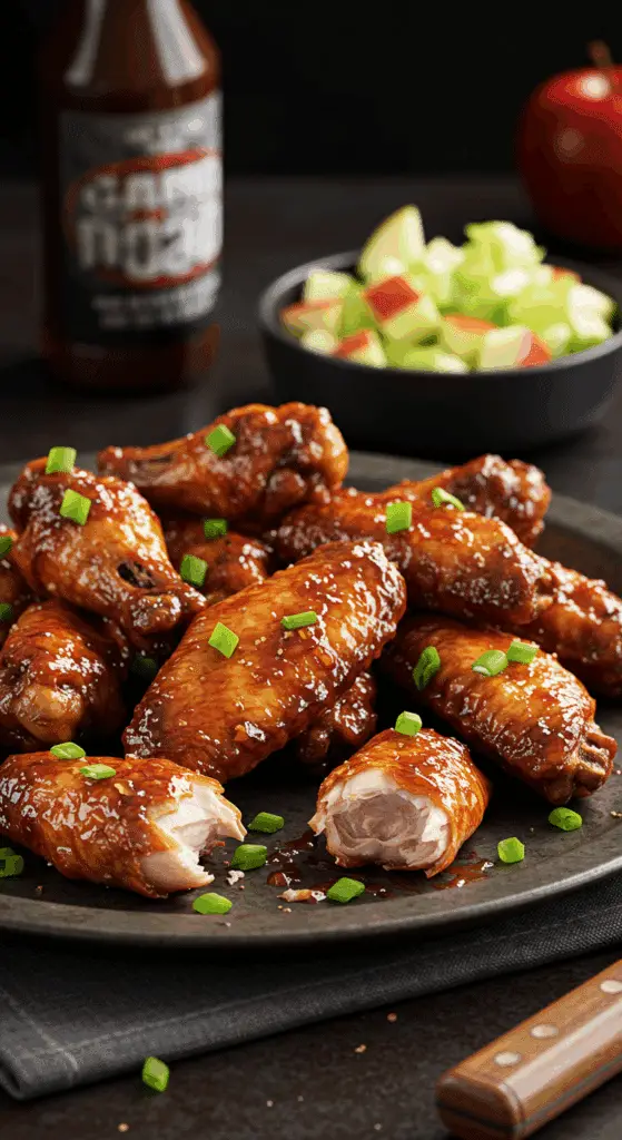 A beautiful, rustic platter of homemade, crispy, and sticky, golden-brown Cider-Glazed Chicken Wings.