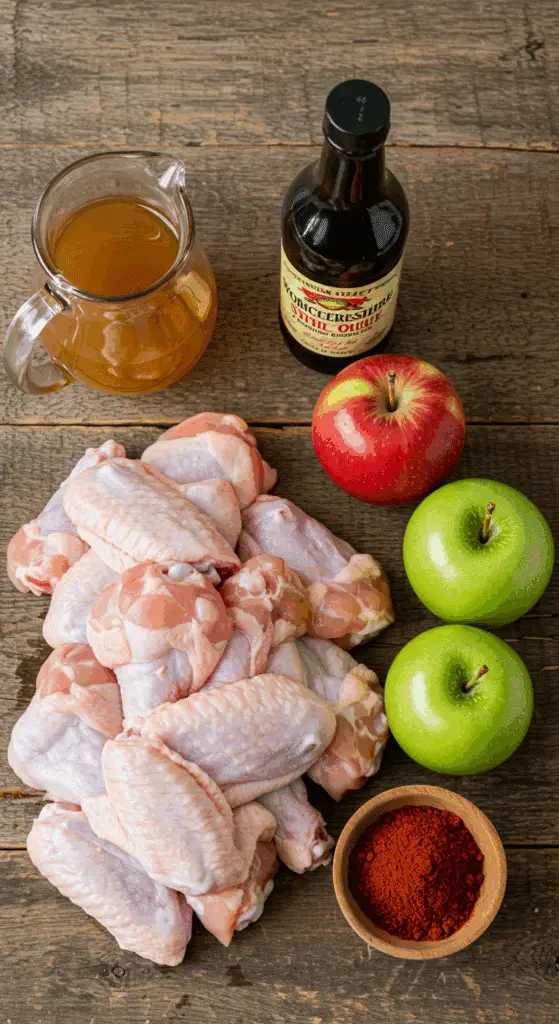 The fresh, from-scratch ingredients for the classic, crispy Cider-Glazed Chicken Wings recipe.