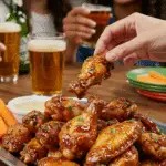 A large platter of homemade, sticky Cider-Glazed Chicken Wings being served and enjoyed at a fun game day party.