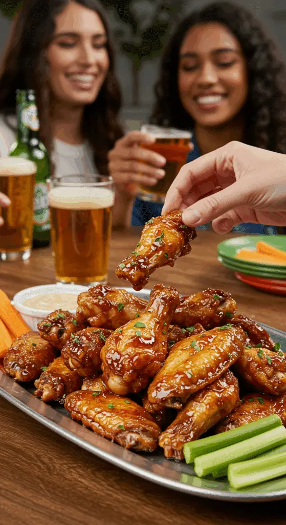 A large platter of homemade, sticky Cider-Glazed Chicken Wings being served and enjoyed at a fun game day party.