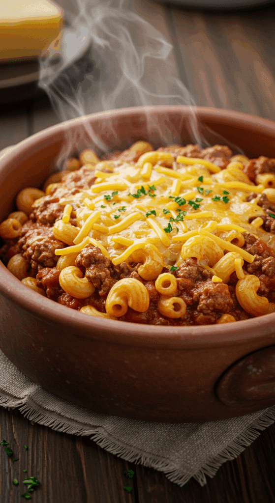 A warm, comforting bowl of classic, homemade American Goulash topped with melted Cheddar cheese.