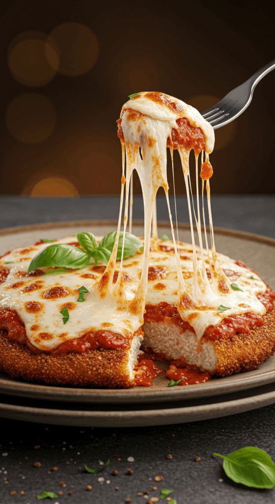 A perfect, crispy and cheesy serving of classic homemade Chicken Parmesan with a long cheese pull.