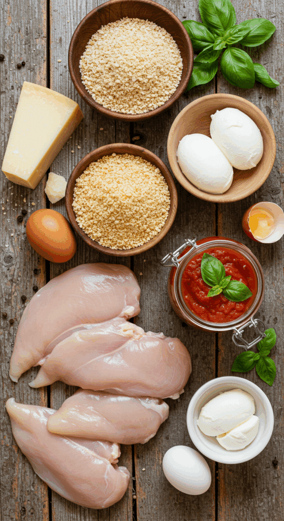 The fresh, classic ingredients for the homemade Chicken Parmesan recipe.