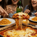 The finished, bubbly Chicken Parmesan being served at a happy family dinner.