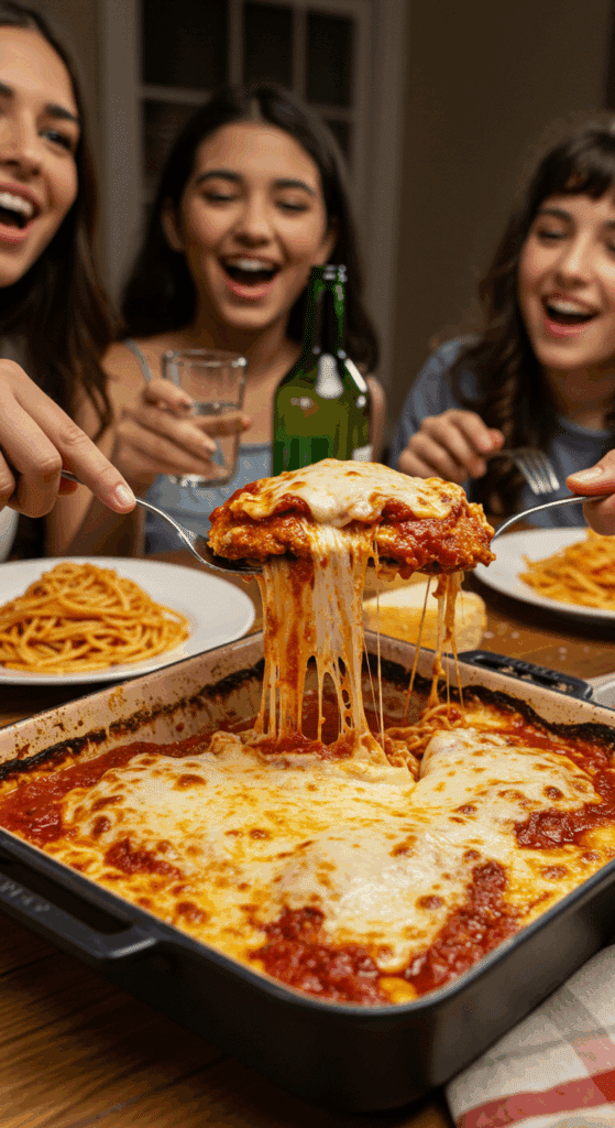 The finished, bubbly Chicken Parmesan being served at a happy family dinner.