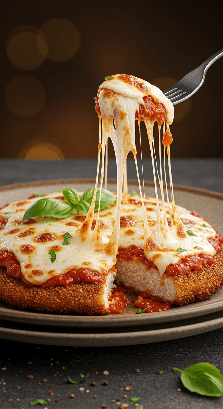 A perfect, crispy and cheesy serving of classic homemade Chicken Parmesan with a long cheese pull.