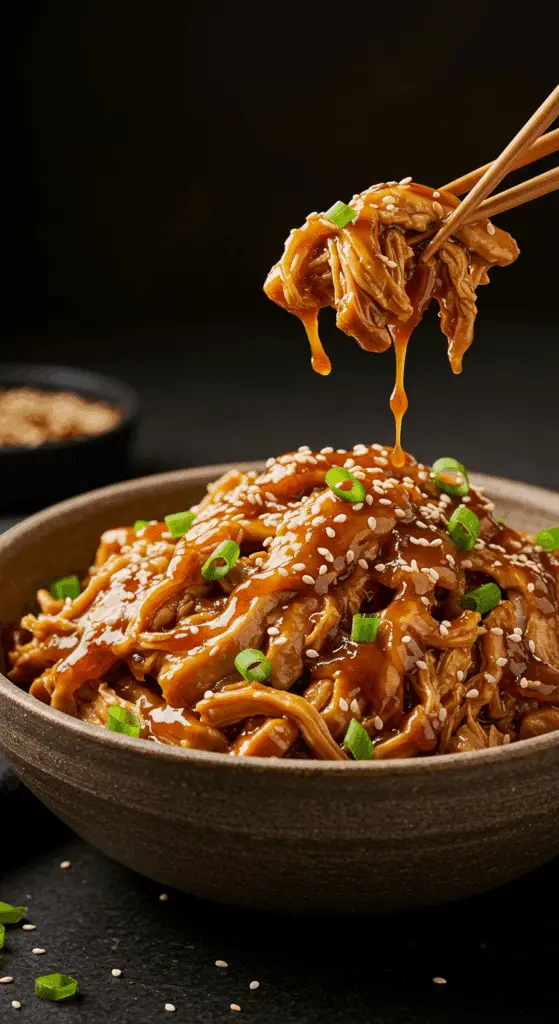 A beautiful, rustic bowl of homemade, shredded Slow Cooker Honey Teriyaki Chicken in a thick, glossy sauce.