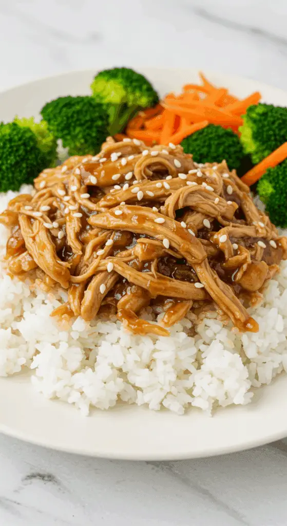 A beautiful and healthy rice bowl topped with a generous serving of homemade Slow Cooker Honey Teriyaki Chicken and steamed broccoli.