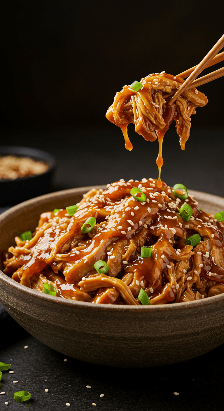 A beautiful, rustic bowl of homemade, shredded Slow Cooker Honey Teriyaki Chicken in a thick, glossy sauce.