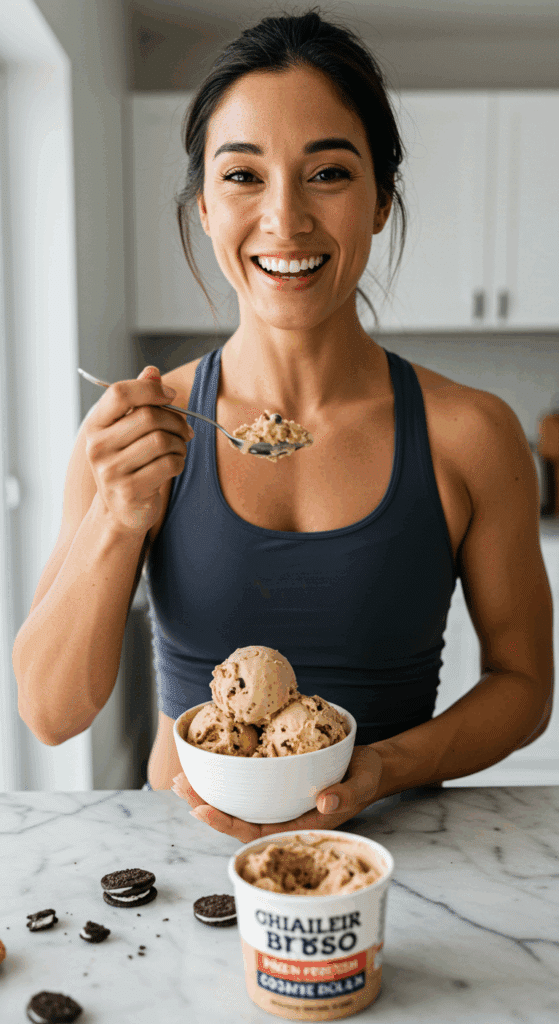 A happy person eating a bowl of healthy, high-protein cookie dough ice cream as a post-workout snack.