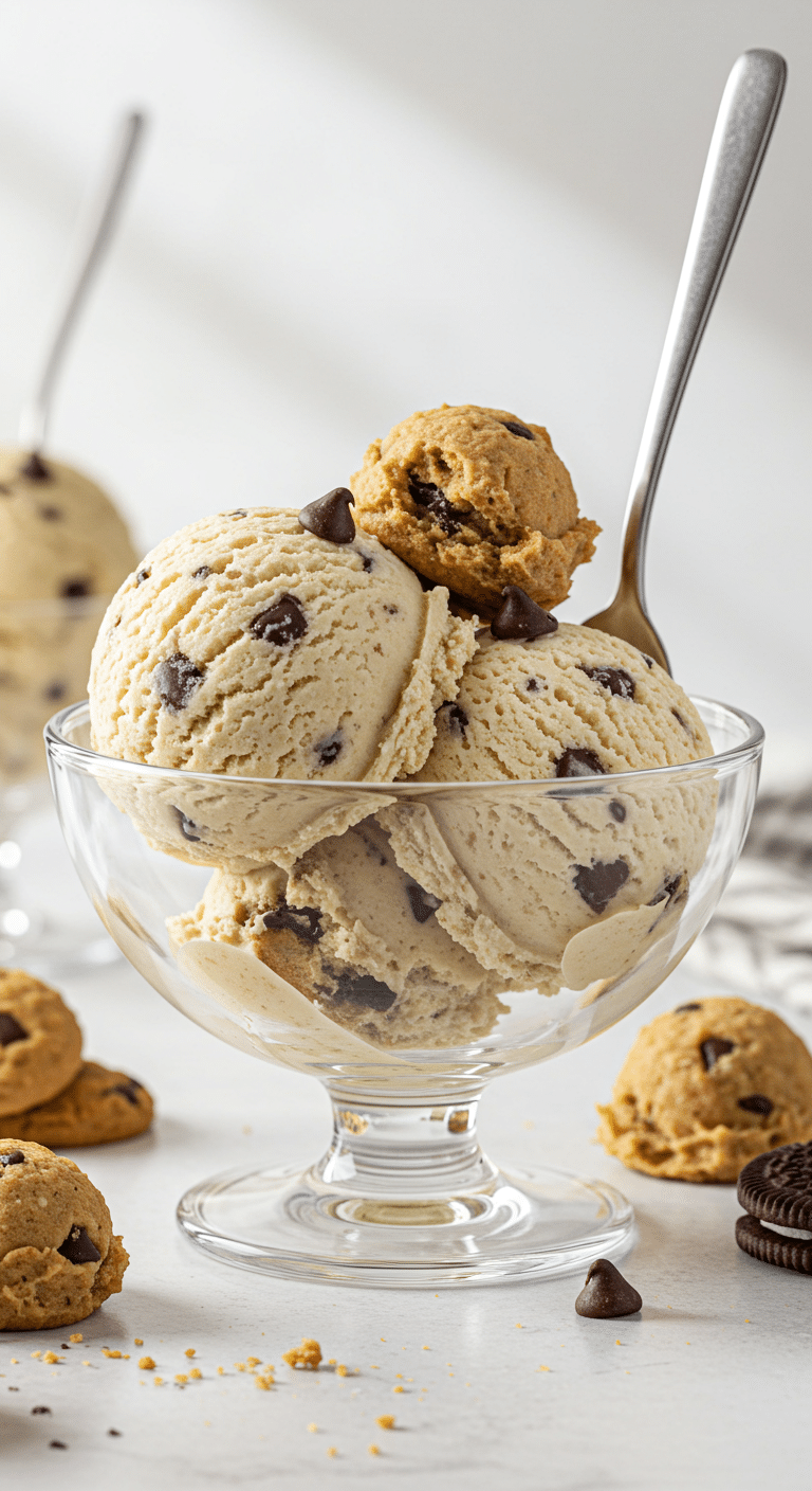 Two perfect scoops of creamy, homemade High-Protein Cookie Dough Ice Cream in a stylish bowl.
