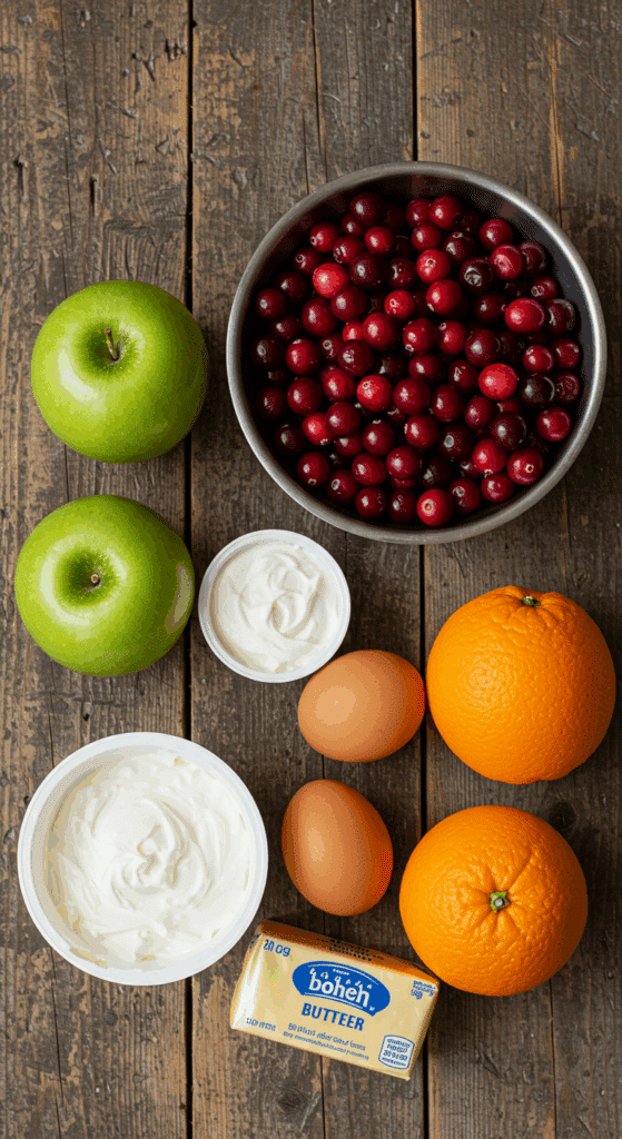 The fresh, classic ingredients for the from-scratch Easy Cranberry and Apple Cake recipe.