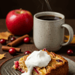 A warm, cozy slice of homemade Cranberry and Apple Cake served with a dollop of whipped cream and a cup of coffee.