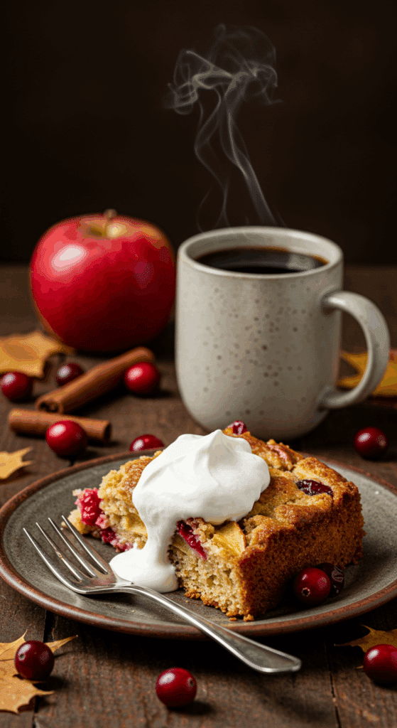 A warm, cozy slice of homemade Cranberry and Apple Cake served with a dollop of whipped cream and a cup of coffee.