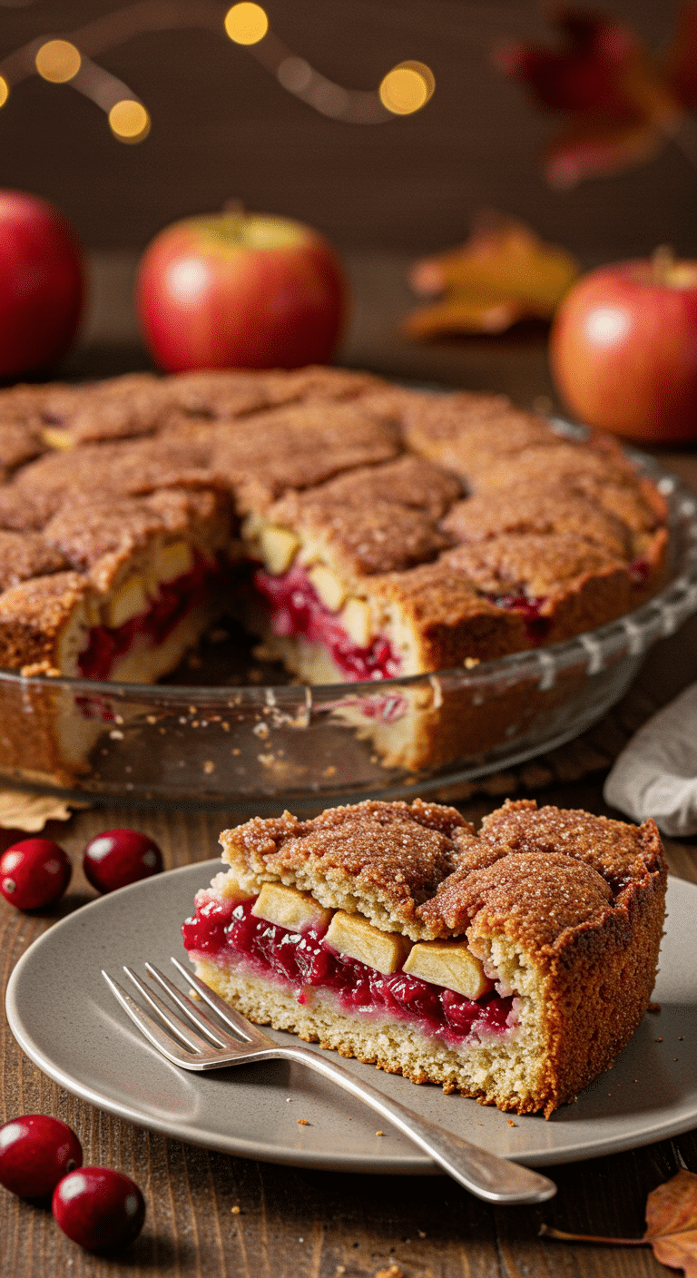 A beautiful, rustic, homemade Cranberry and Apple Cake in a pie plate with a perfect slice removed.