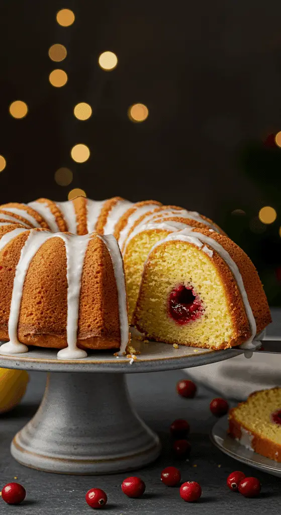 A beautiful, homemade Meyer Lemon Cranberry Bundt Cake on a cake stand with a perfect slice removed to show the cranberry filling.
