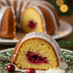 An elegant slice of homemade Meyer Lemon Cranberry Bundt Cake being served for a holiday dessert.