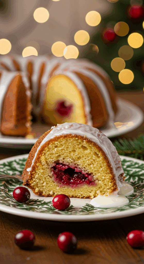 An elegant slice of homemade Meyer Lemon Cranberry Bundt Cake being served for a holiday dessert.