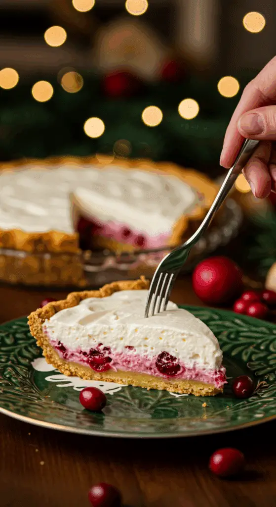 A beautiful, layered slice of homemade Cranberry Custard Pie being served as dessert at a festive holiday dinner.
