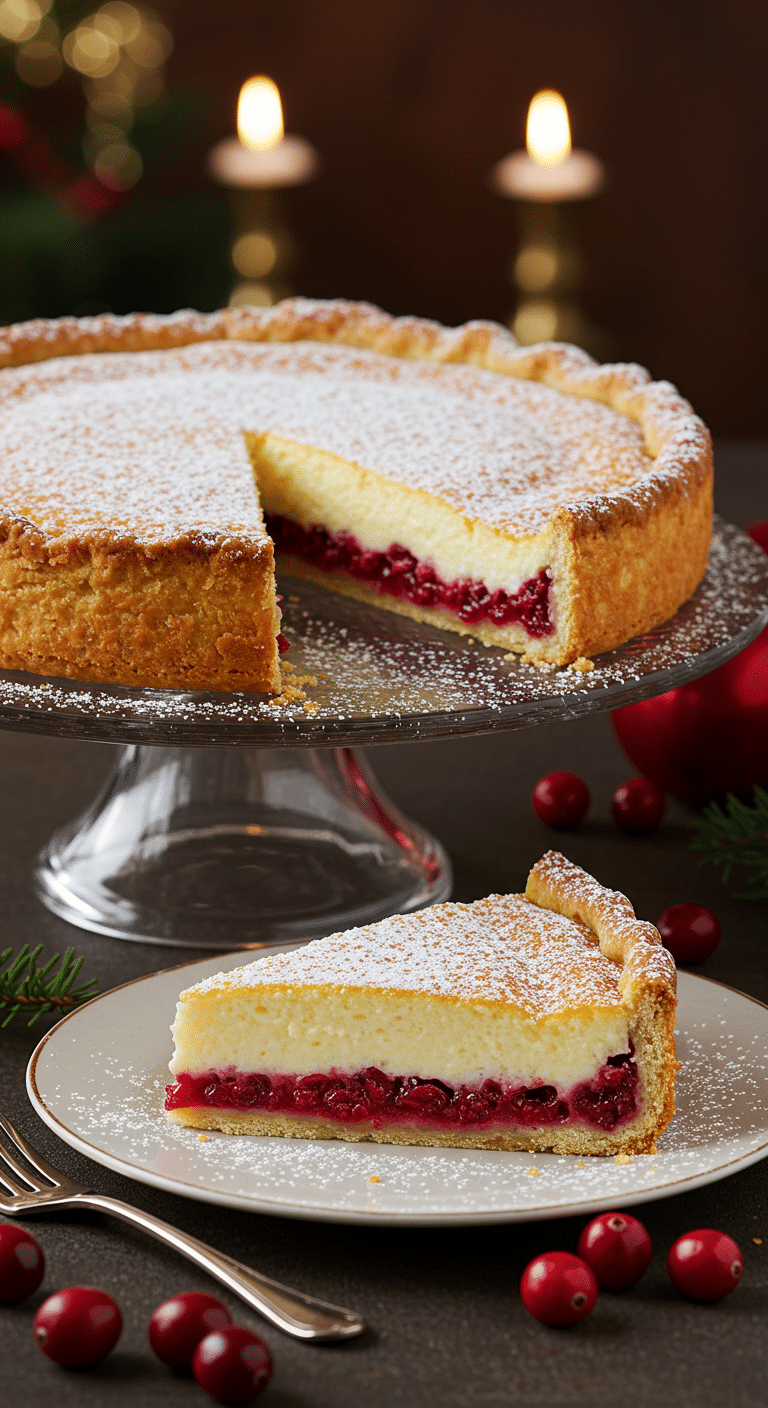 A beautiful, elegant, homemade Cranberry Custard Pie on a cake stand with a perfect, layered slice removed.