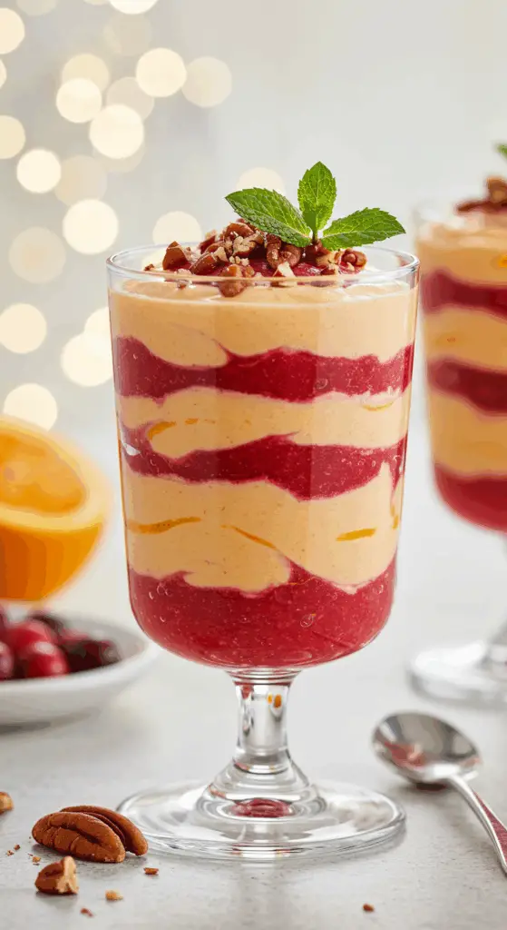 A beautiful, elegant glass of homemade Cranberry Orange Parfait, showing the distinct pink and orange creamy layers.