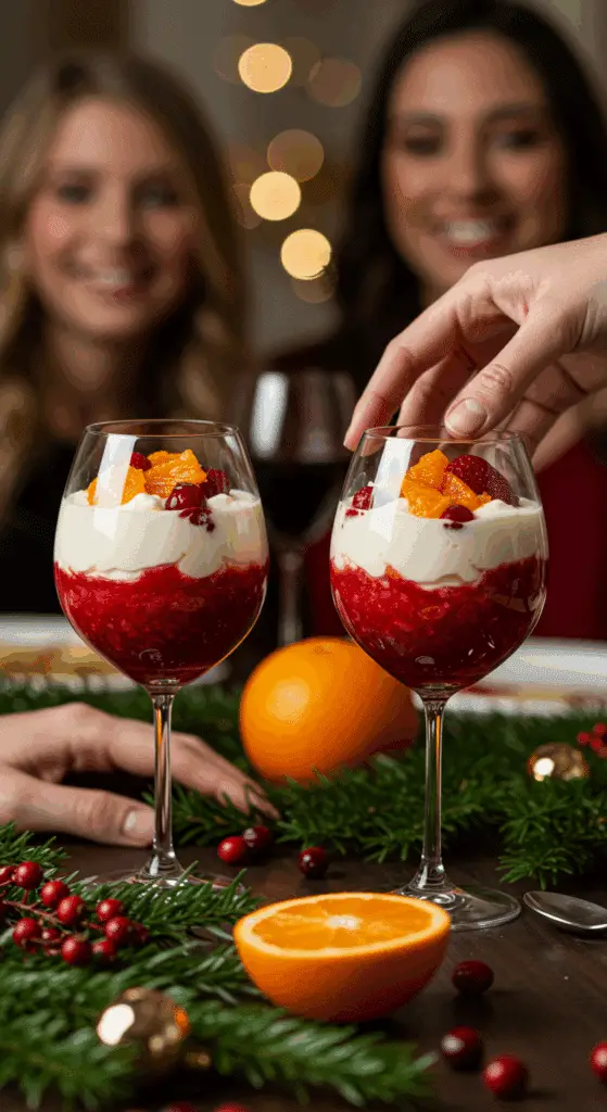 Two beautiful, homemade Cranberry Orange Parfaits being served at a festive holiday party.