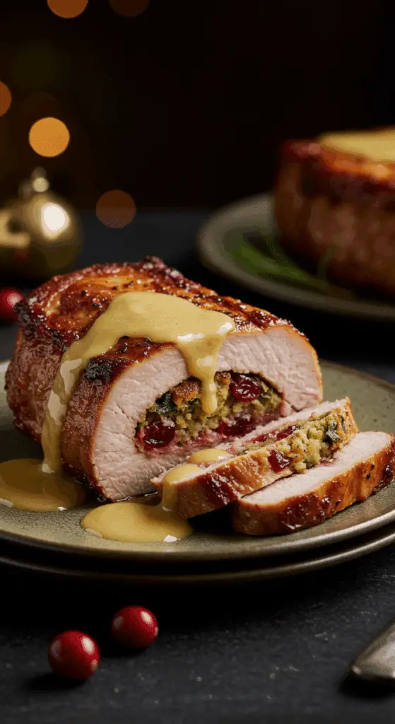 A beautiful, golden-brown, homemade, juicy Cranberry-Stuffed Pork Chop, sliced to show the stuffing and drizzled with a cream sauce.