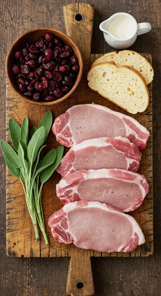 The fresh, from-scratch ingredients for the classic Cranberry-Stuffed Pork Chops recipe.
