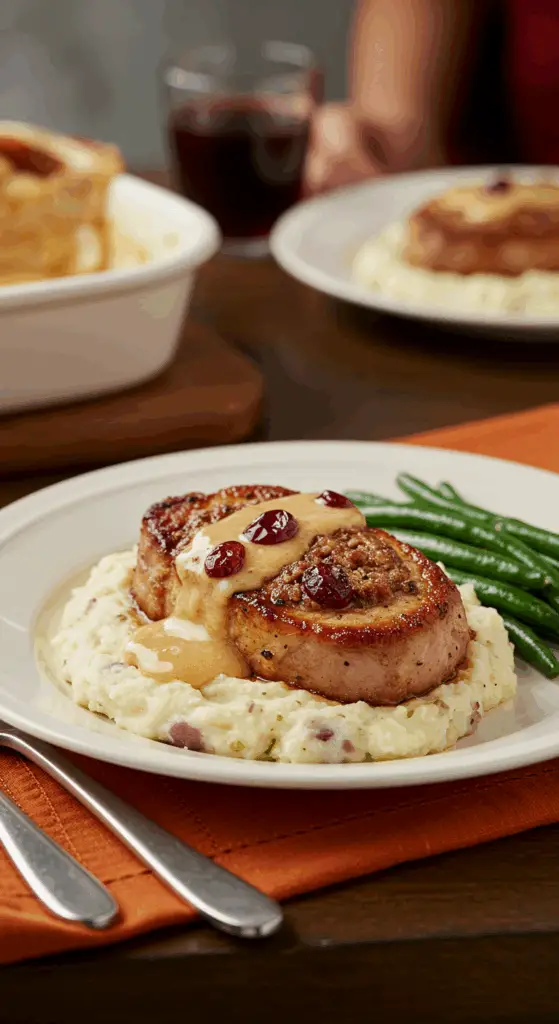 A beautiful plate of homemade Cranberry-Stuffed Pork Chops and cream sauce, served over a bed of creamy mashed potatoes.