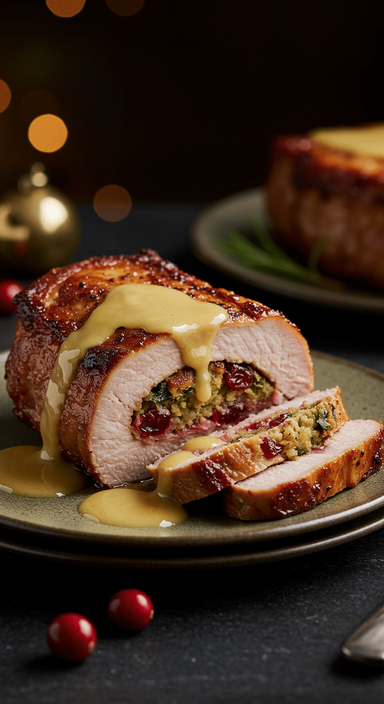 A beautiful, golden-brown, homemade, juicy Cranberry-Stuffed Pork Chop, sliced to show the stuffing and drizzled with a cream sauce.