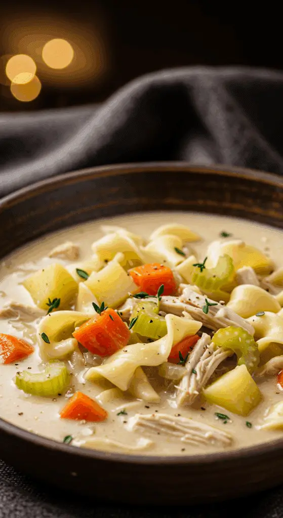 A beautiful, rustic bowl of hearty, homemade Creamy Chicken Noodle Soup, packed with chicken, vegetables, and egg noodles.