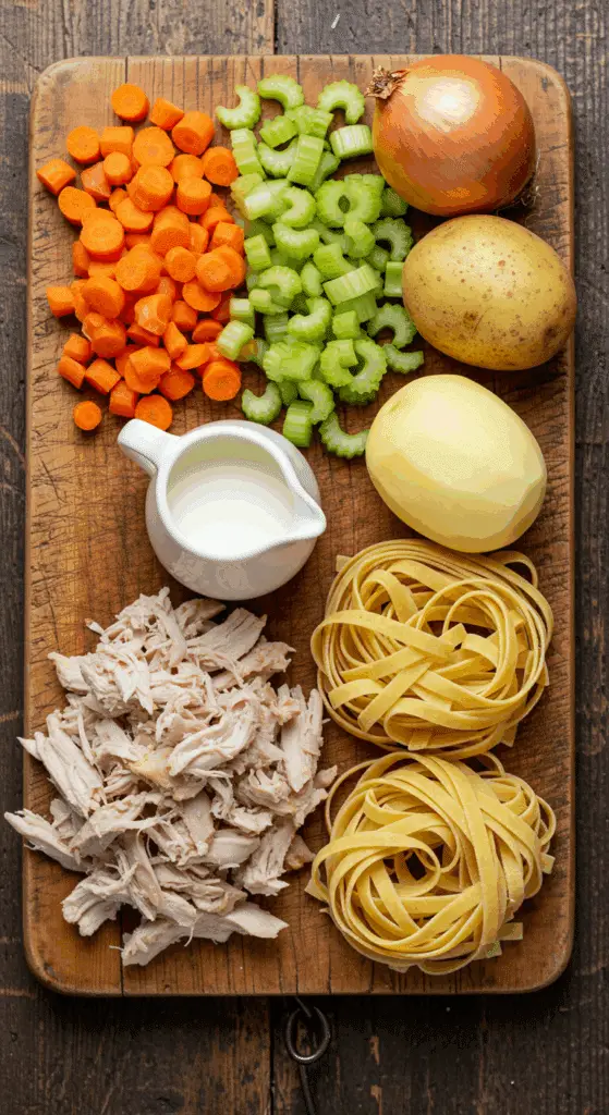 The fresh, wholesome ingredients for the hearty, from-scratch Creamy Chicken Noodle Soup recipe.
