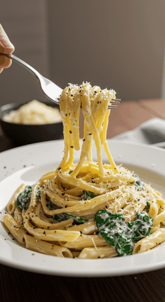 A beautiful, creamy bowl of high-protein pasta with a cottage cheese sauce and spinach.