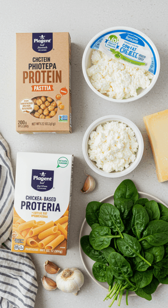 The simple, healthy ingredients for the viral Protein Pasta with cottage cheese sauce.