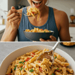 A happy and fit person enjoying a large, healthy bowl of high-protein pasta after a workout.