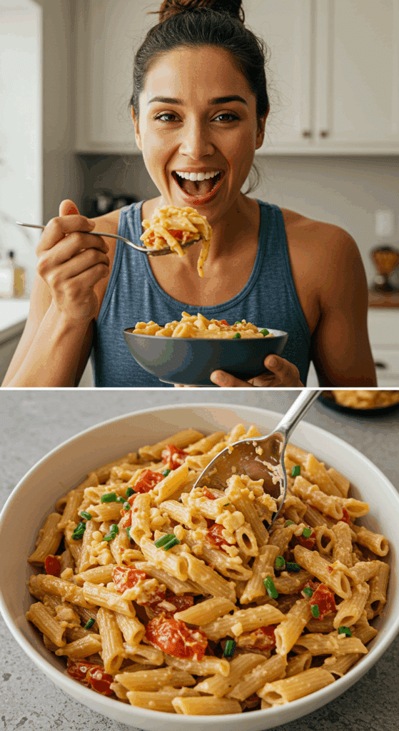 A happy and fit person enjoying a large, healthy bowl of high-protein pasta after a workout.