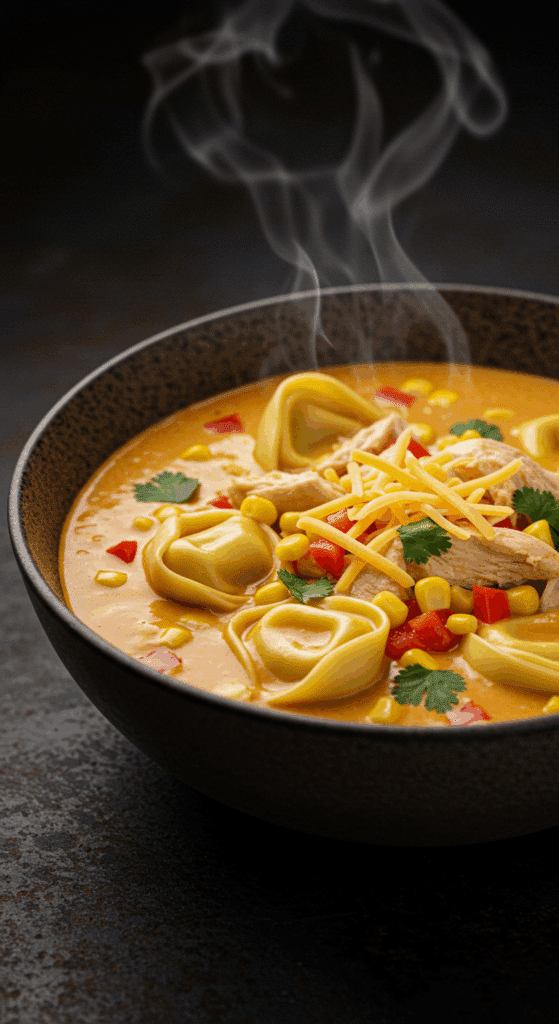A warm, cozy bowl of creamy, high-protein chicken tortellini soup with vegetables.