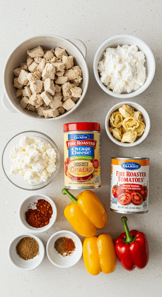 The healthy, fresh ingredients for the Creamy Protein Soup with chicken and tortellini.