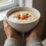 A person holding and enjoying a warm, comforting bowl of homemade Creamy Protein Soup.