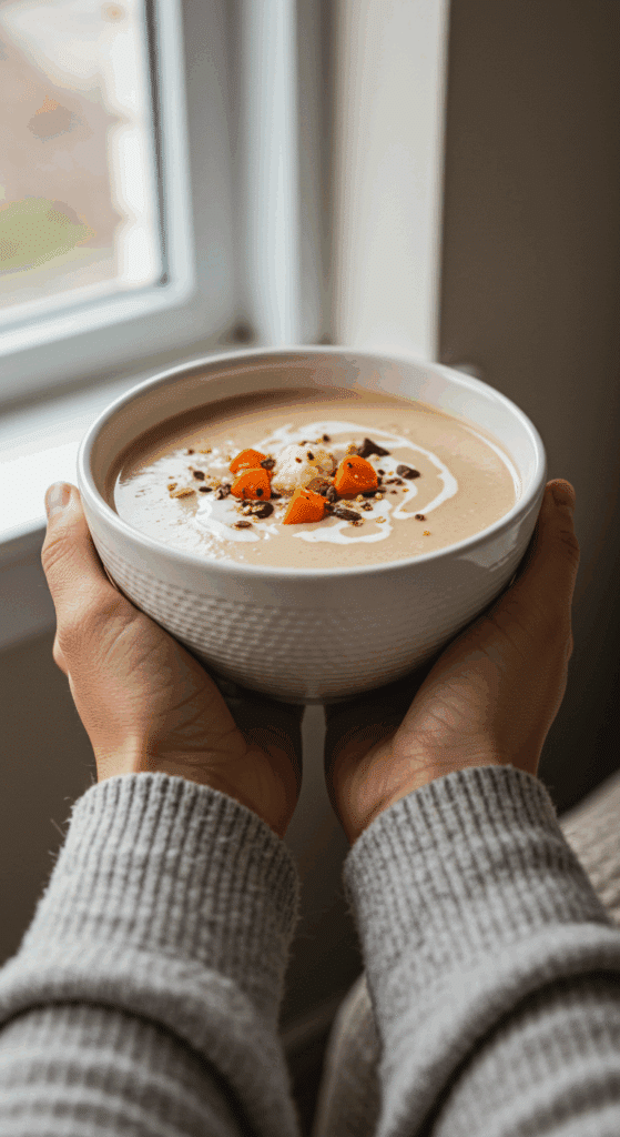 A person holding and enjoying a warm, comforting bowl of homemade Creamy Protein Soup.