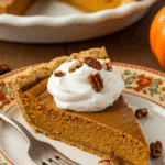 A beautiful slice of homemade Crustless Pumpkin Pie with a large dollop of whipped cream being served for a holiday dessert.