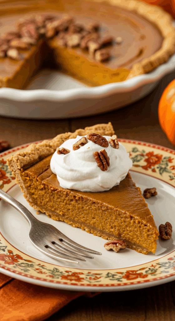 A beautiful slice of homemade Crustless Pumpkin Pie with a large dollop of whipped cream being served for a holiday dessert.