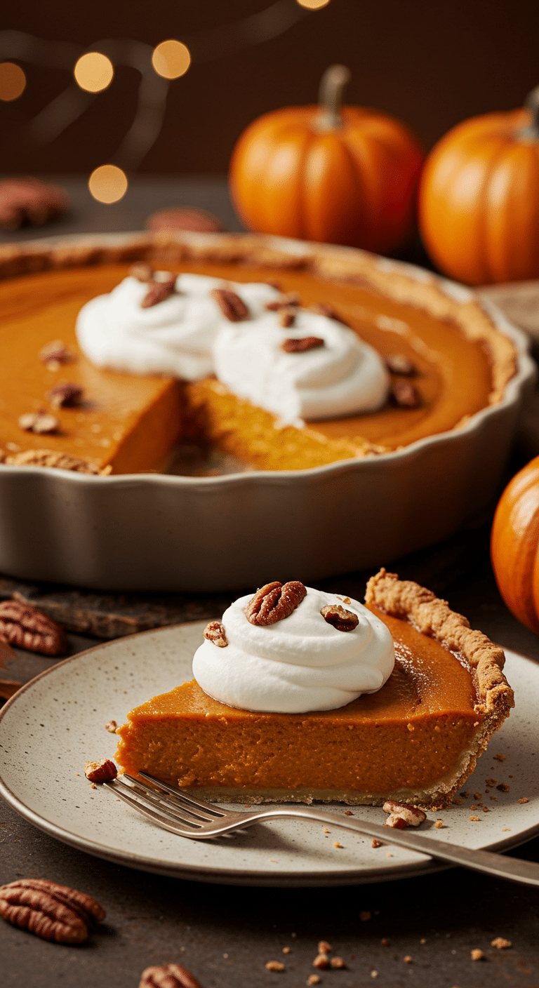 A beautiful, homemade Crustless Pumpkin Pie in a pie dish with a perfect, creamy slice removed and topped with whipped cream.