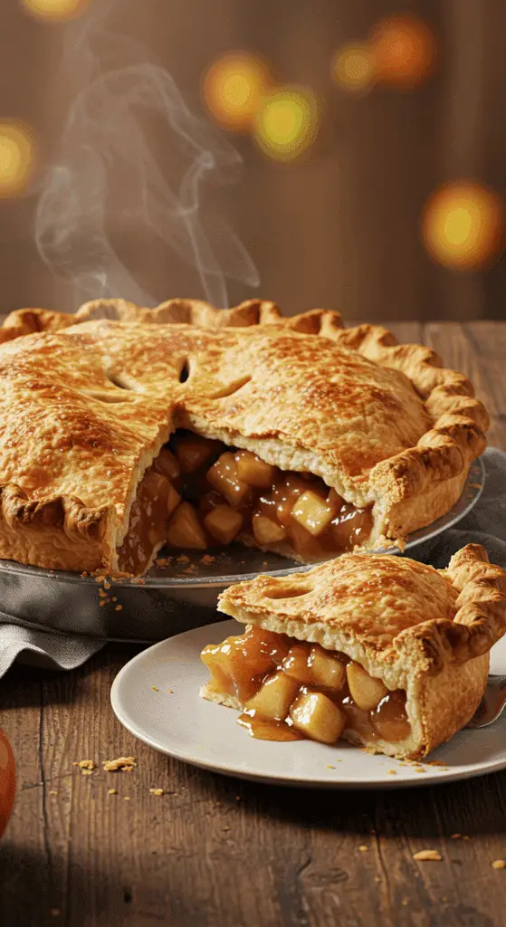 A beautiful, golden-brown homemade Deep-Dish Apple Pie with a flaky crust and a perfect, tall slice removed.